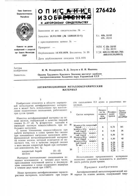 Антифрикционный металлокерал\ическийматериал (патент 276426)