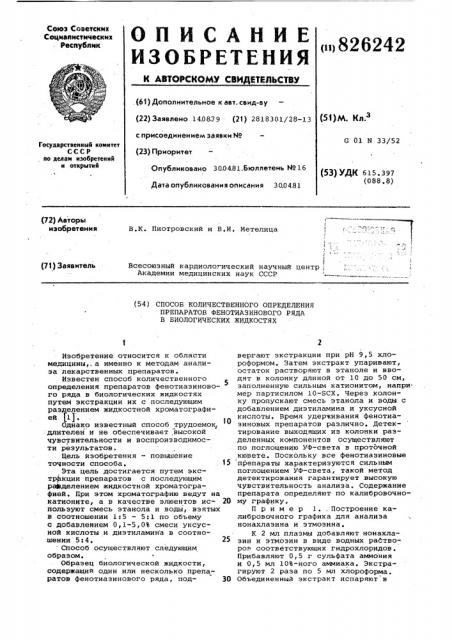 Способ количественного определения препаратов фенотиазинового ряда в биологических жидкостях1изобретение относится к области медицины,, а именно к методам анализа лекарственных препаратов.известен способ количественного определения препаратов фенотиазинового ряда в биологических жидкостях путем экстракции их с последующим разделением жидкостной хроматографией [1].однако известный способ _трудоёмок, длителен' и не обеспечивает .высокой чувствительности и воспроизводимости результатов..цель изобретения ~ повышение точности способа.эта цель достигается путем экстр^кции препаратов с последующим ра^вделением жидкостной хроматографией. при этом хроматографию ведут на катионите, а в качестве элюентов ис- 20 пользуют смесь этанола и воды, взятых в соотношении 1:5 - 5:1 по объему с добавлением 0,1-5,0% смеси уксусной кислоты и дизтиламин'а в соотношении 5:4.' способ осуществляют следующим образом.образец биологической жидкости, содержащий один или несколько препа_- ратов фенотиазинового ряда, под- ' 30101525вергают экстракции при рн 9,5 хлороформом. затем экстракт упаривают, остаток растворяют в этаноле и вводят в колонку длиной от 10 до 50 см, заполненную сильньм катионитом, например партисилом 10- scx. через колонку пропускают смесь этанола и воды с добавлением диэтиламина и уксусной кислоты. время удерживания фенотиазиновых препаратов различно. детектирование выходящих из колонки разделенных konotohehtob осуществляют по поглощению уф-света в проточной кювете. поскольку все фенотиазиновые 'препараты характеризуются сильным поглощением уф~света, такой метод детектирования гарантирует высокую чувствительность анализа. содержание препарата опреде.пяют по калибровочному графику,пример 1. , построение калибровочного графика для анализа ч нонахлазина и этмозина.к 2 мл плазмы добавляют нонахлазин и этмозин в виде водных райтворов соответствующих гидрохлоридов. прибавляют 0,5 г сульфата аммония и 0,5 мл 10%-ного аммиака. экстрагируют 2 раза по 5 мл хлороформа. объединенный экстракт испаряют'в (патент 826242)