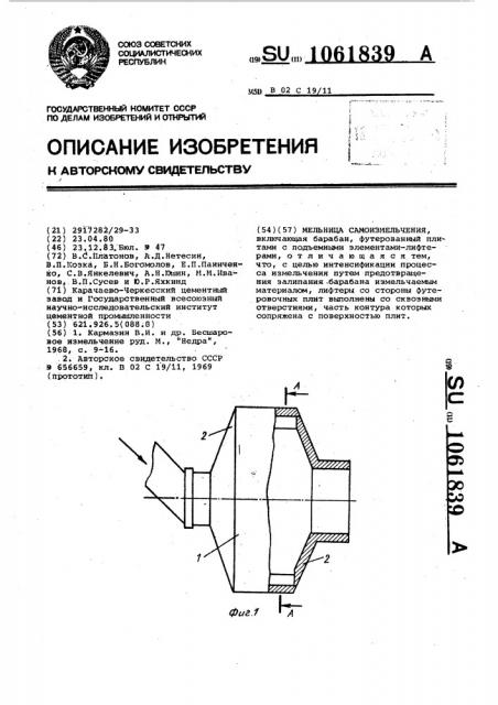 Мельница самоизмельчения (патент 1061839)