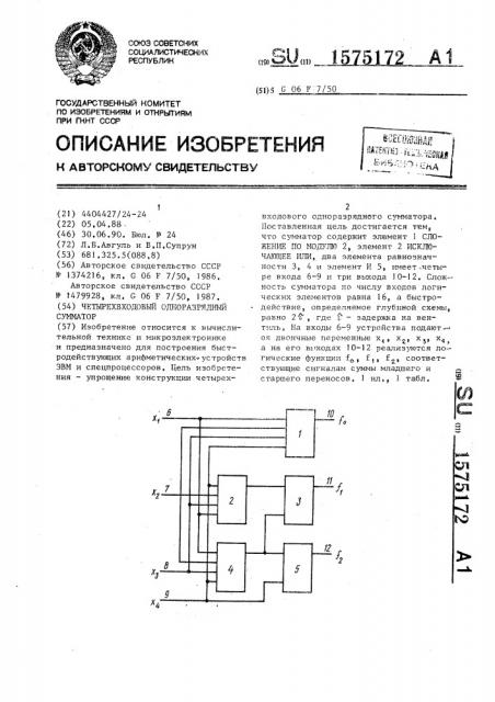 Четырехвходовый одноразрядный сумматор (патент 1575172)