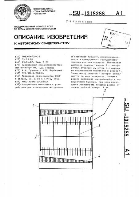 Молотковая дробилка (патент 1318288)