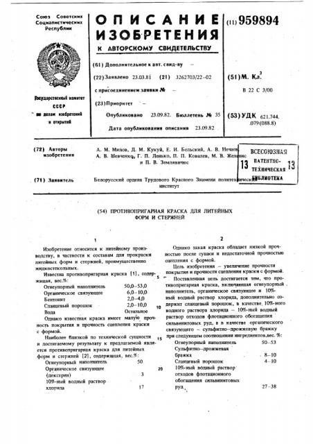 Противопригарная краска для литейных форм и стержней (патент 959894)