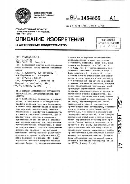 Способ определения активности термостойких протеолитических ферментов (патент 1454855)