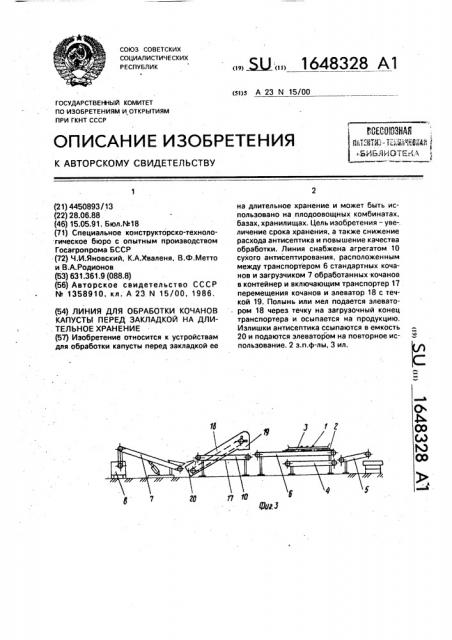 Линия для обработки кочанов капусты перед закладкой на длительное хранение (патент 1648328)