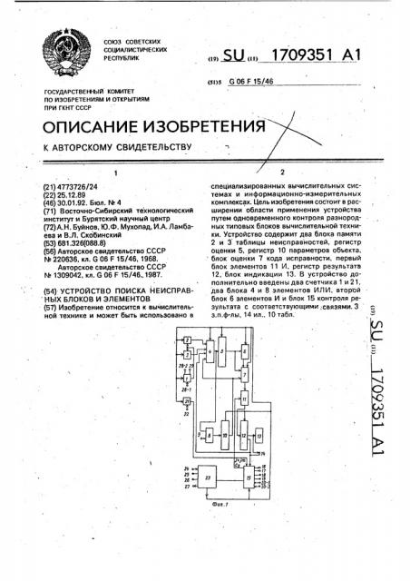 Устройство поиска неисправных блоков и элементов (патент 1709351)