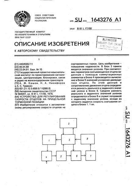 Устройство для регулирования скорости отцепов на прицельной тормозной позиции (патент 1643276)