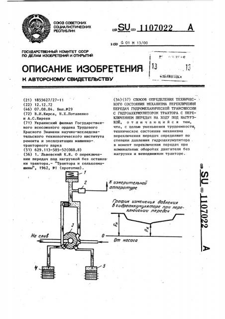 Способ определения технического состояния механизма переключения передач гидромеханической трансмиссии с гидроаккумулятором трактора с переключением передач на ходу под нагрузкой (патент 1107022)