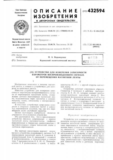 Устройство для измерения зависимостипараметров воспроизведенного сигналаот перемещения магнитной ленты (патент 432594)