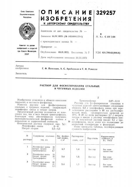 Раствор для фосфатирования стальных и чугунных изделий (патент 329257)