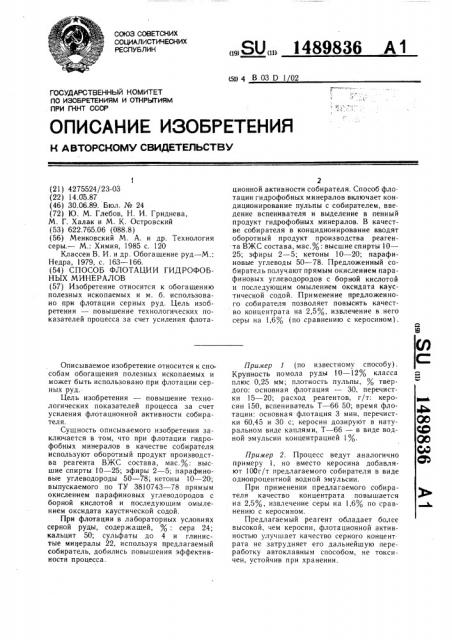 Способ флотации гидрофобных минералов (патент 1489836)