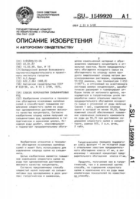 Способ переработки сильвинитовых руд (патент 1549920)