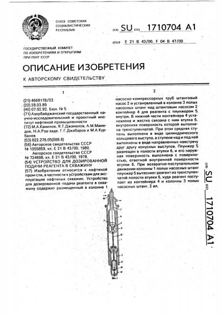 Устройство для дозированной подачи реагента в скважину (патент 1710704)