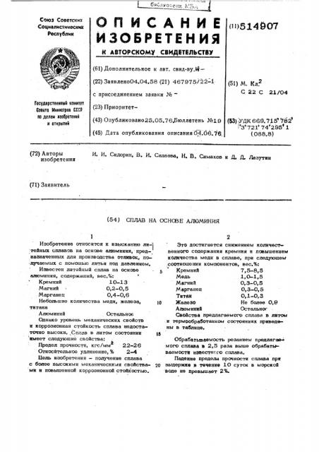 Сплав на основе алюминия (патент 514907)