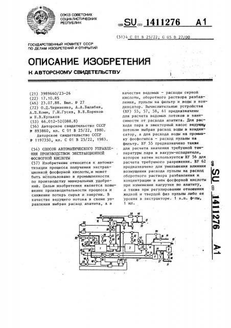 Способ автоматического управления производством экстракционной фосфорной кислоты (патент 1411276)