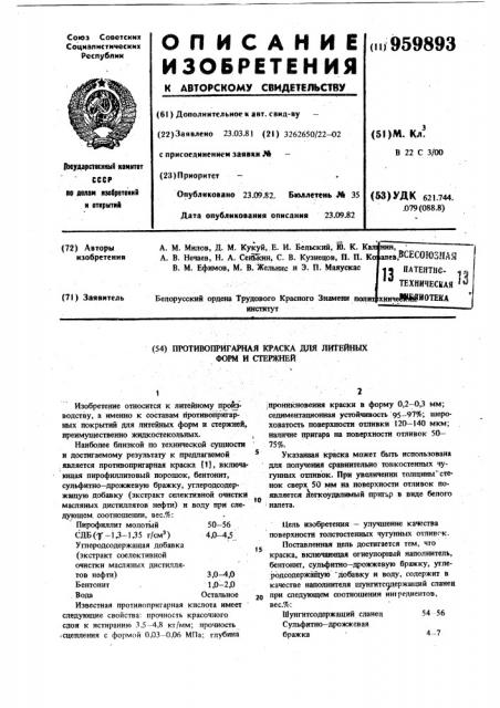 Противопригарная краска для литейных форм и стержней (патент 959893)