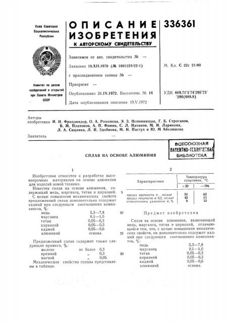 Сплав на основе алюминиявсесоюзнаяпат?нтно-т[хнн'1есш (патент 336361)