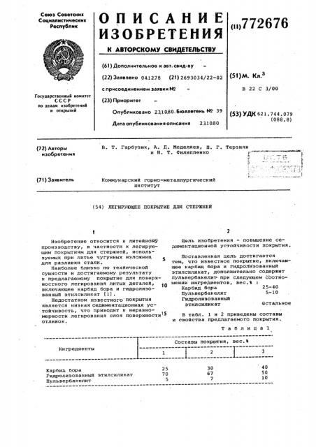 Легирующее покрытие для стержней (патент 772676)