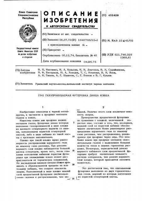 Газопроницаемая футеровка днища ковша (патент 452428)