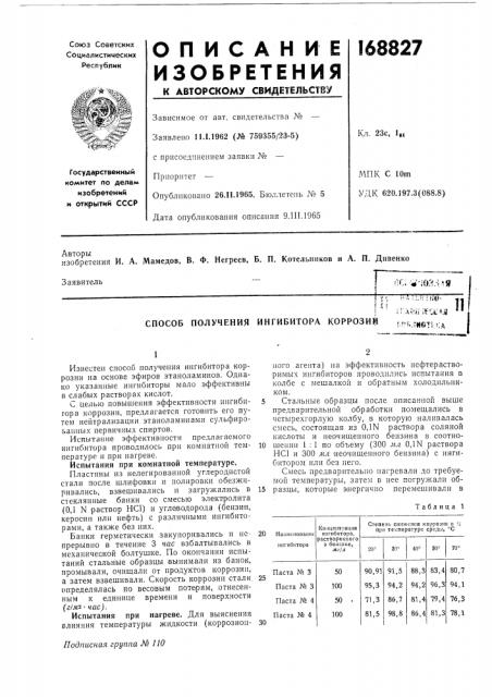 Способ получения ингибитора коррозии м-!. гк«тг. д (патент 168827)