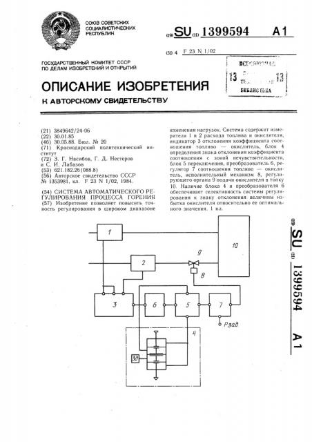 Система автоматического регулирования процесса горения (патент 1399594)