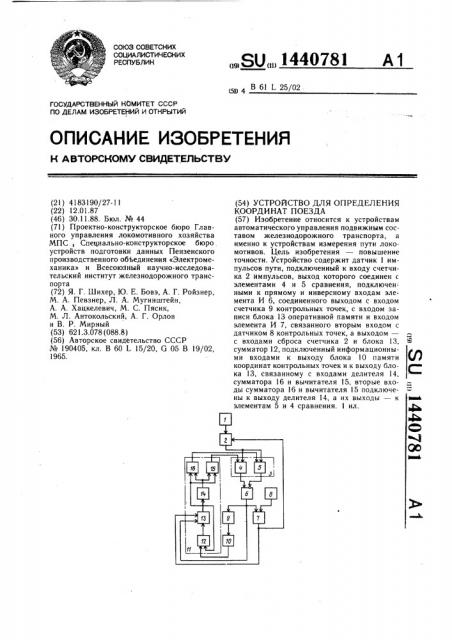 Устройство для определения координат поезда (патент 1440781)