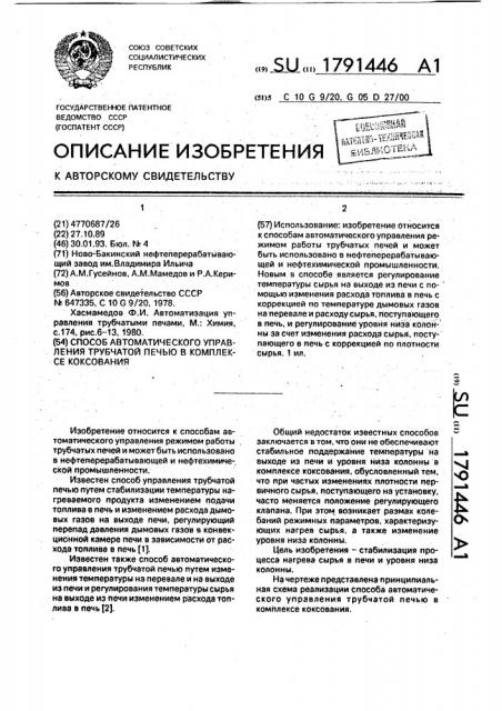 Способ автоматического управления трубчатой печью в комплексе коксования (патент 1791446)