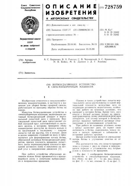 Ботвоудаляющее устройство к свеклоуборочным машинам (патент 728759)