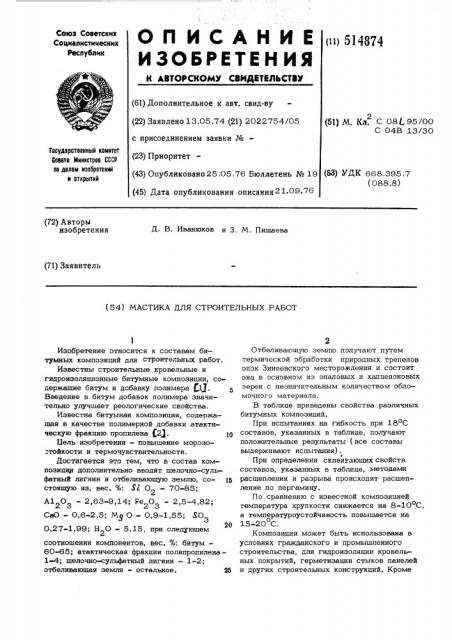 Мастика для строительных работ (патент 514874)