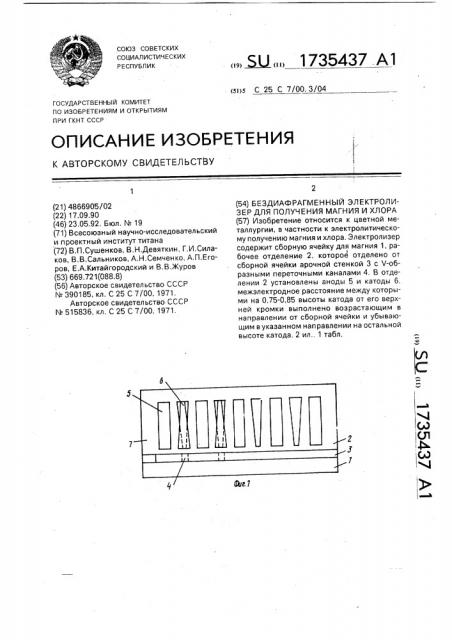 Бездиафрагменный электролизер для получения магния и хлора (патент 1735437)