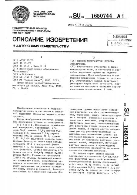 Способ переработки медного электролита (патент 1650744)