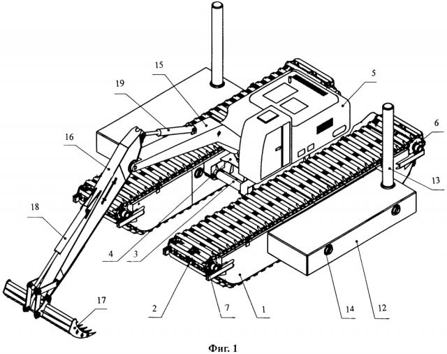 Плавучее средство гусеничного типа с землеройным оборудованием (патент 2612548)