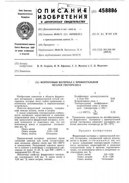 Ферритовый материал с прямоугольной петлей гистерезиса (патент 458886)