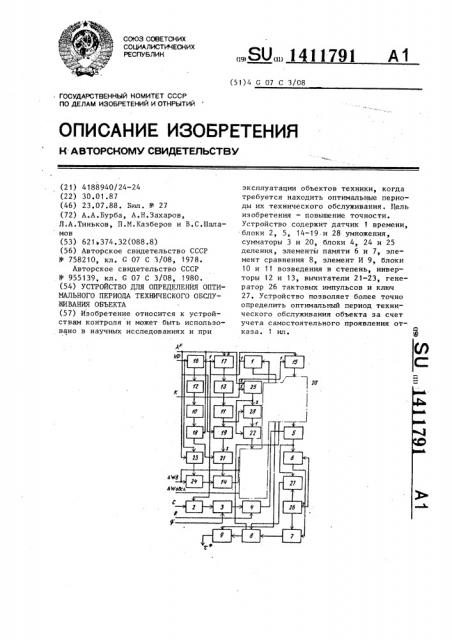 Устройство для определения оптимального периода технического обслуживания объекта (патент 1411791)