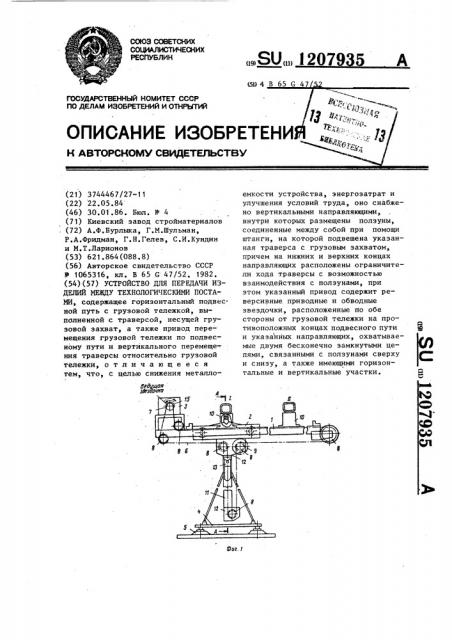 Устройство для передачи изделий между технологическими постами (патент 1207935)