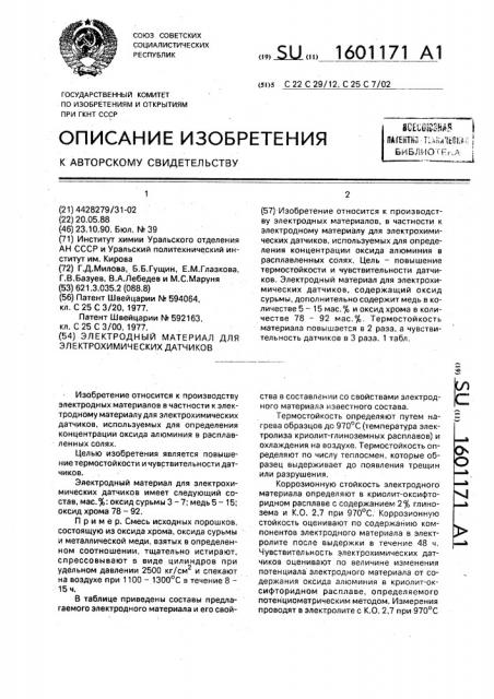 Электродный материал для электрохимических датчиков (патент 1601171)