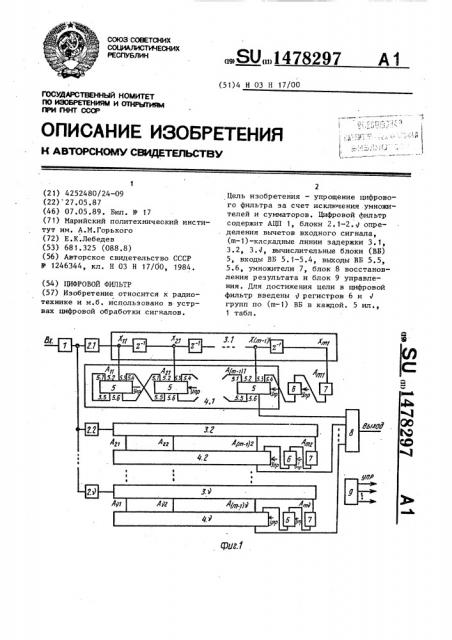 Цифровой фильтр (патент 1478297)