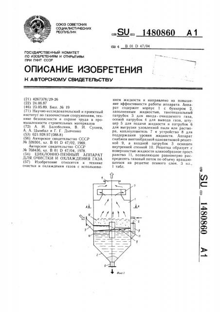 Циклонно-пенный аппарат для очистки и охлаждения газа (патент 1480860)