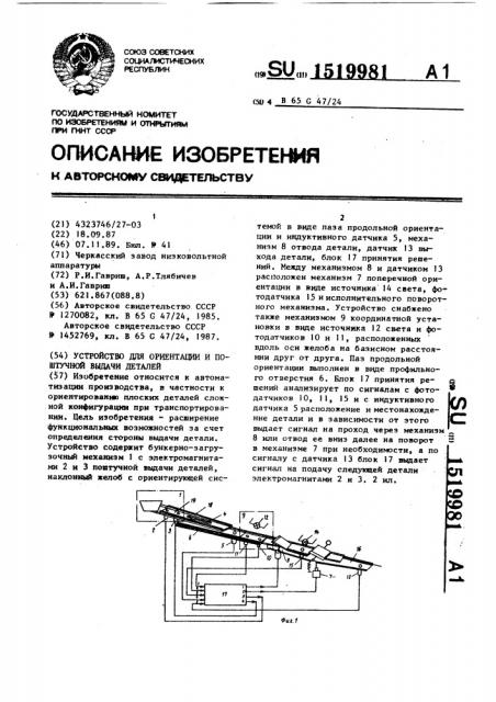 Устройство для ориентации и поштучной выдачи деталей (патент 1519981)