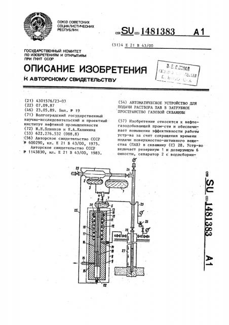 Автоматическое устройство для подачи раствора пав в затрубное пространство газовой скважины (патент 1481383)