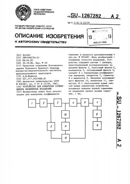 Устройство для измерения коэффициента нелинейных искажений (патент 1267282)