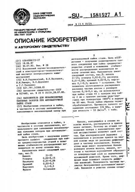 Наполнитель для некапиллярных паяльных зазоров при автовакуумной пайке стали (патент 1581527)