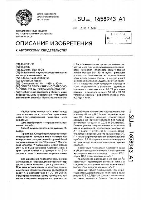 Способ прижизненного прогнозирования качества мяса свиней (патент 1658943)