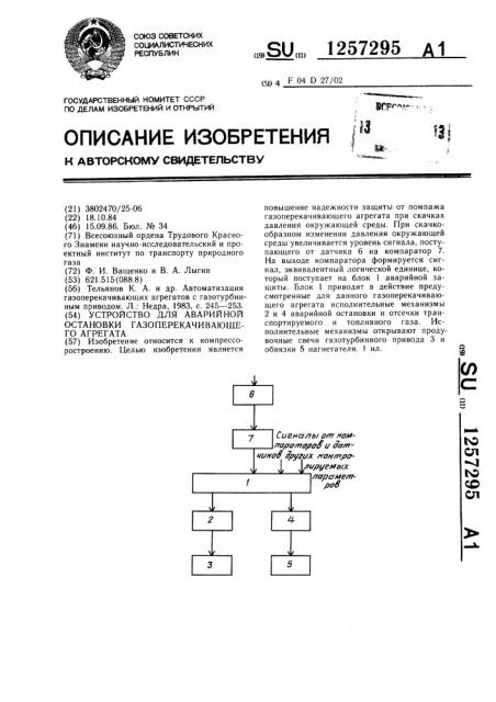 Устройство для аварийной остановки газоперекачивающего агрегата (патент 1257295)