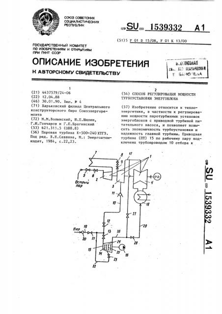 Способ регулирования мощности турбоустановки энергоблока (патент 1539332)