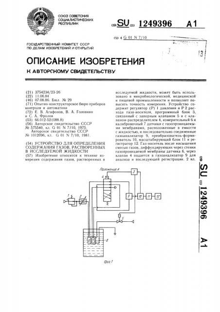 Устройство для определения содержания газов,растворенных в исследуемой жидкости (патент 1249396)