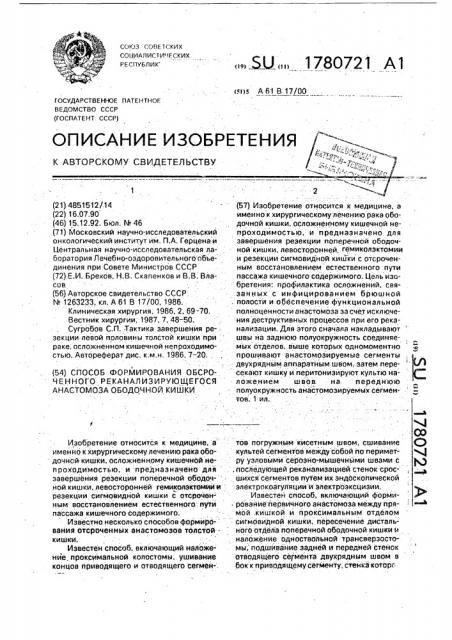 Способ формирования отстроченного реканализирующегося анастомоза ободочной кишки (патент 1780721)