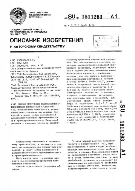 Способ получения высококонцентрированной пигментной суспензии (патент 1511263)