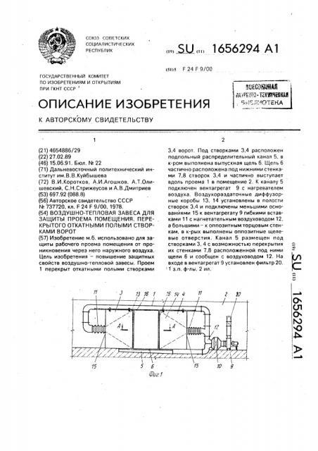 Воздушно-тепловая завеса для защиты проема помещения, перекрытого откатными полыми створками ворот (патент 1656294)