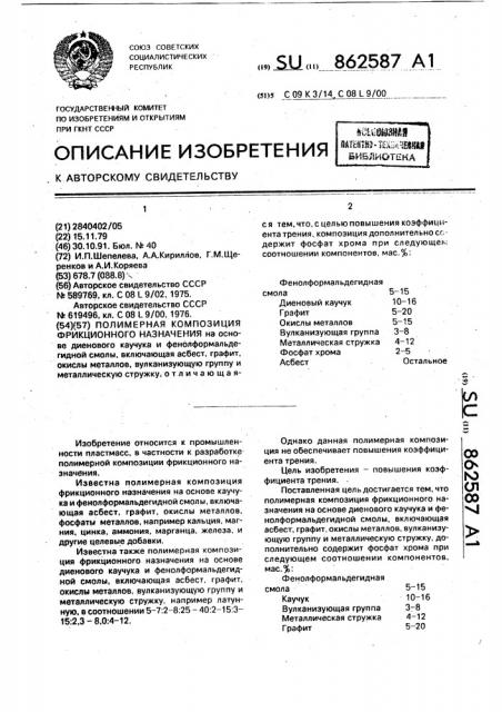 Полимерная композиция фрикционного назначения (патент 862587)
