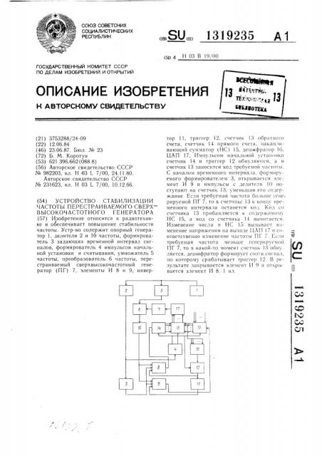 Устройство стабилизации частоты перестраиваемого сверхвысокочастотного генератора (патент 1319235)